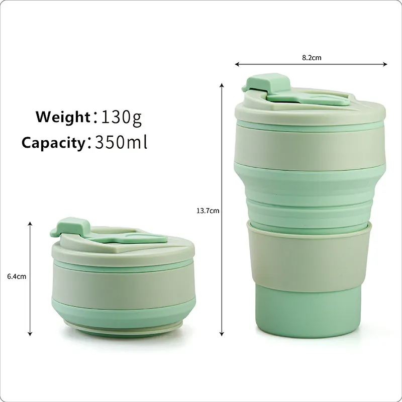 Customize 350ml Portable Eco Friendly Collapsible Travel Drinking Coffee Mug Silicone Foldable Coffee Mug Cup With Lid