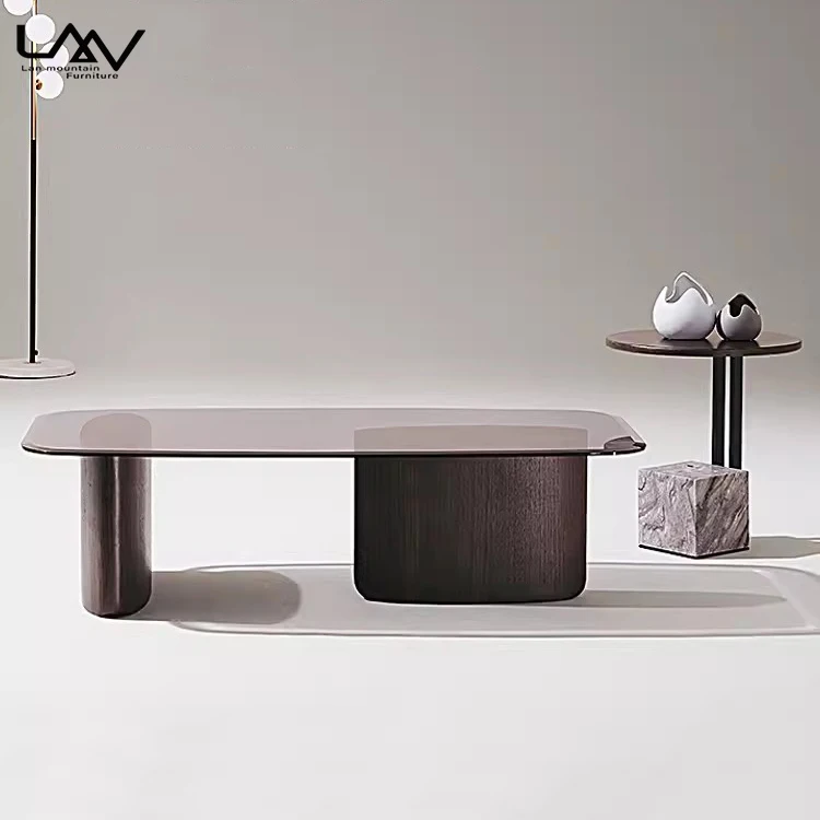 Italian style walnut coffee table set modern hotel villa living room wood leg glass top coffee table and side table furniture