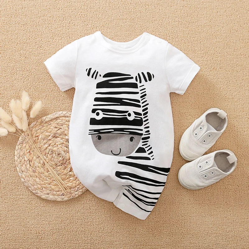 Panda Zebra Print Short-Sleeve Newborn Baby Summer Clothes 100%Cotton Baby Boy Rompers Infant Baby Pajamas Wholesale