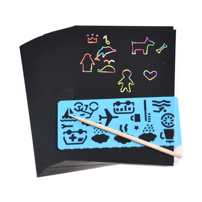 Rainbow Scratch Paper Note Kids Graffiti Paper Scratch Card for kids Art Painting with Stencil and Sticker