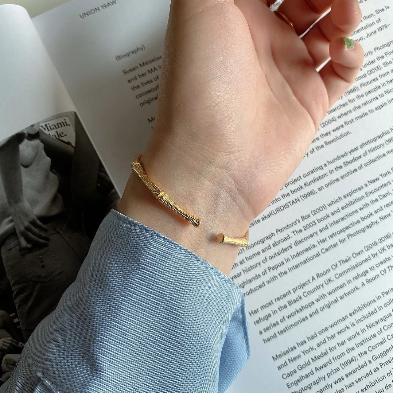 Hao Ying In stock  fine jewelry 925 sterling silver gold plated bamboo cuff bracelet