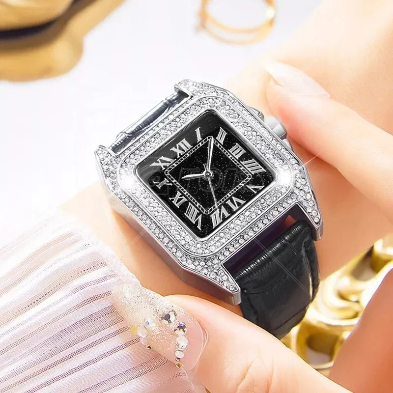 Hot Sale Brown Leather Strap Rose Gold Square Shape Design Alloy Wrist Luxury Girl Women Lady Watch with Big White Diamond Face