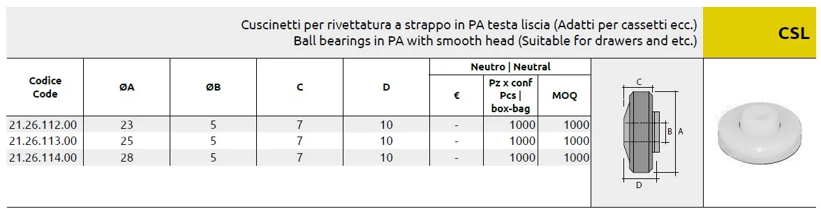 Italy Brand Premium Quality Csl Ball Bearings in Pa With Smooth Head Suitable for Drawers and Etc.
