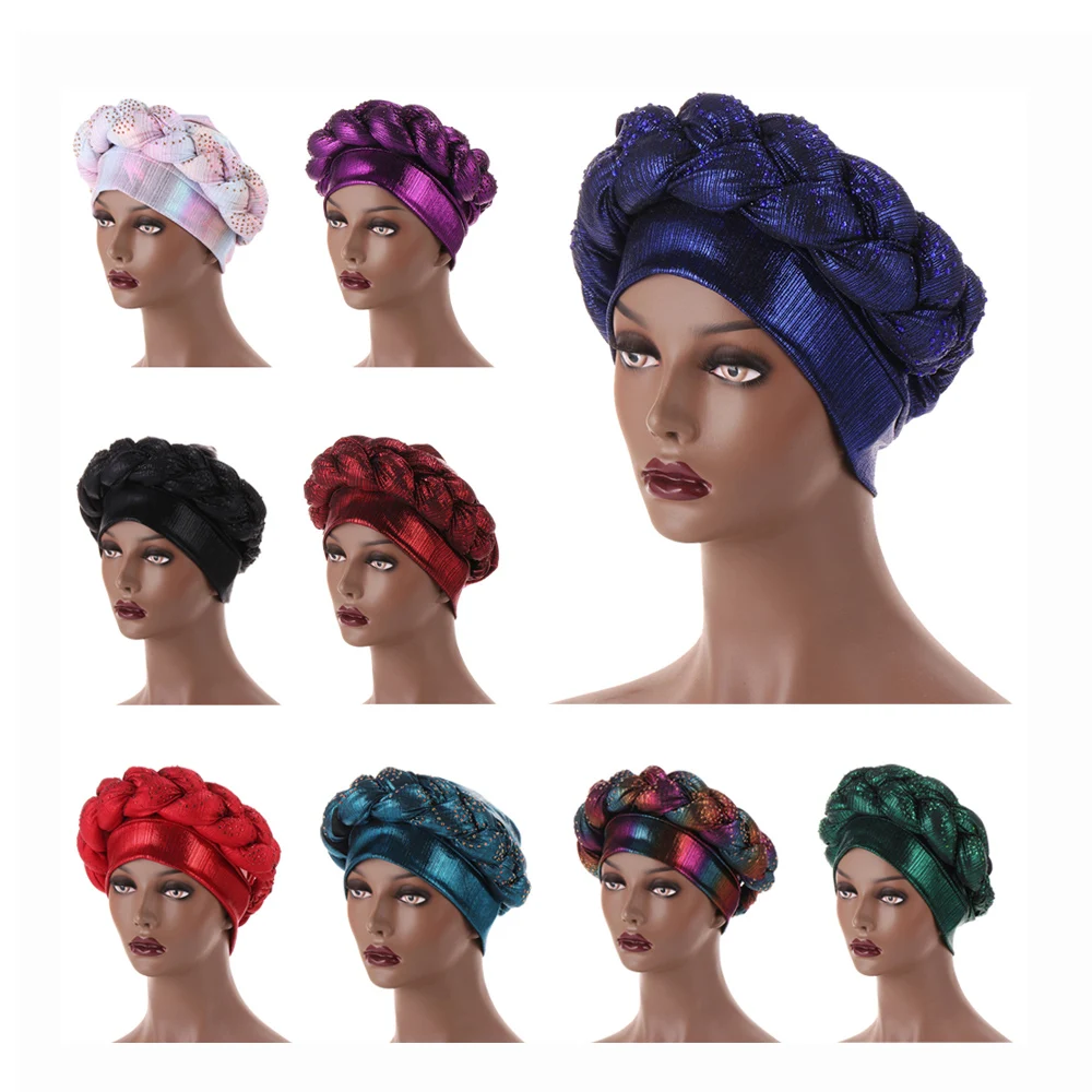 Nigerian Colorful Smooth Thermal Chemotherapy Hat Ladies Turban Hijab Drill Turban Hat Muslim Hat