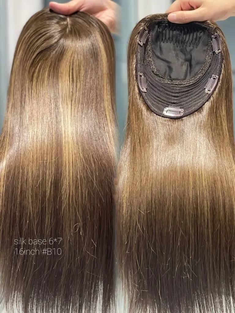 SHY Human Hair Topper Free Part Silk Base Topper Mono 6*7 Silk Top for Clip in Hairpieces #4 Brown Straight Hair Topper