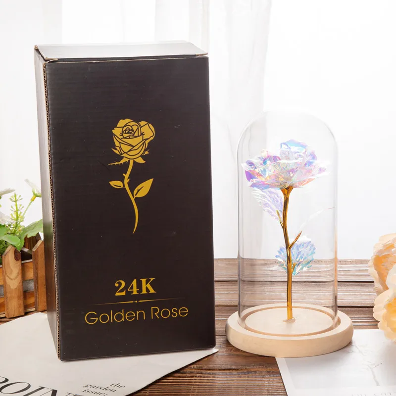 Wholesale Price 24K Gold Foil Roses Galaxy Roses With Led Lamp In Glass Dome For Mothers Day Valentine Day