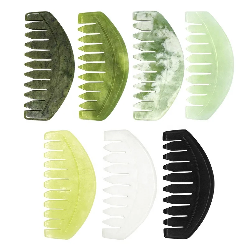 Bulk Custom Logo Natural Stone Comb Head Massager Gua Sha Jade Crystal Comb For Hair Massager Scalp Detox xiuyan Green Jade Comb