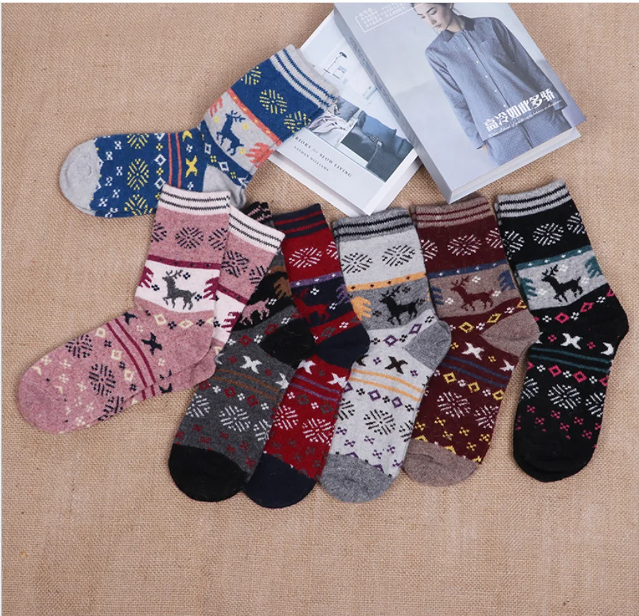 Youki Wholesale good quality Women cony hair Winter Christmas Deer Wool ladies Thicken Socks