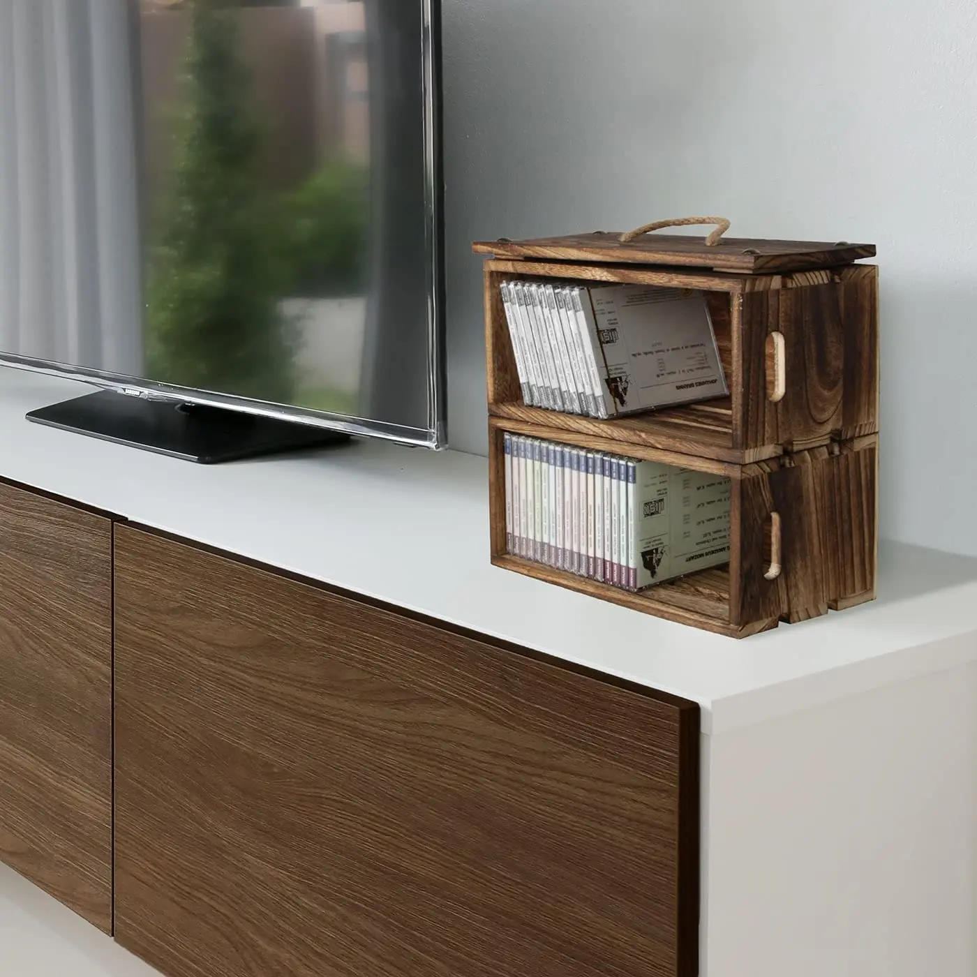 CD Storage Box Holder Case Tray with Handles, Rustic Wood Media Tray Box Holds 30 CD Cases for Home Storage and Organization