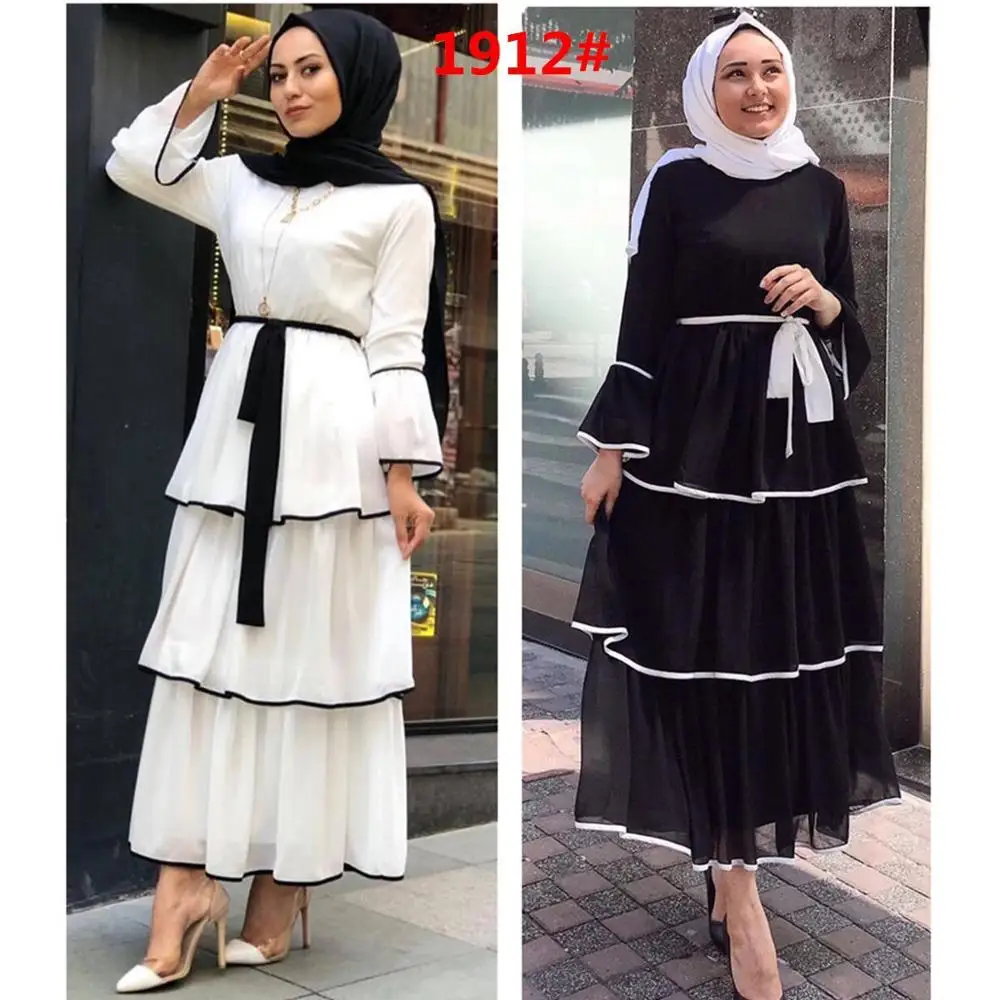 Arabian Women Robe Dress Long Skirt Islamic Clothing Muslim Fashion Gown Cake Layer Women Black and White Abaya Dress