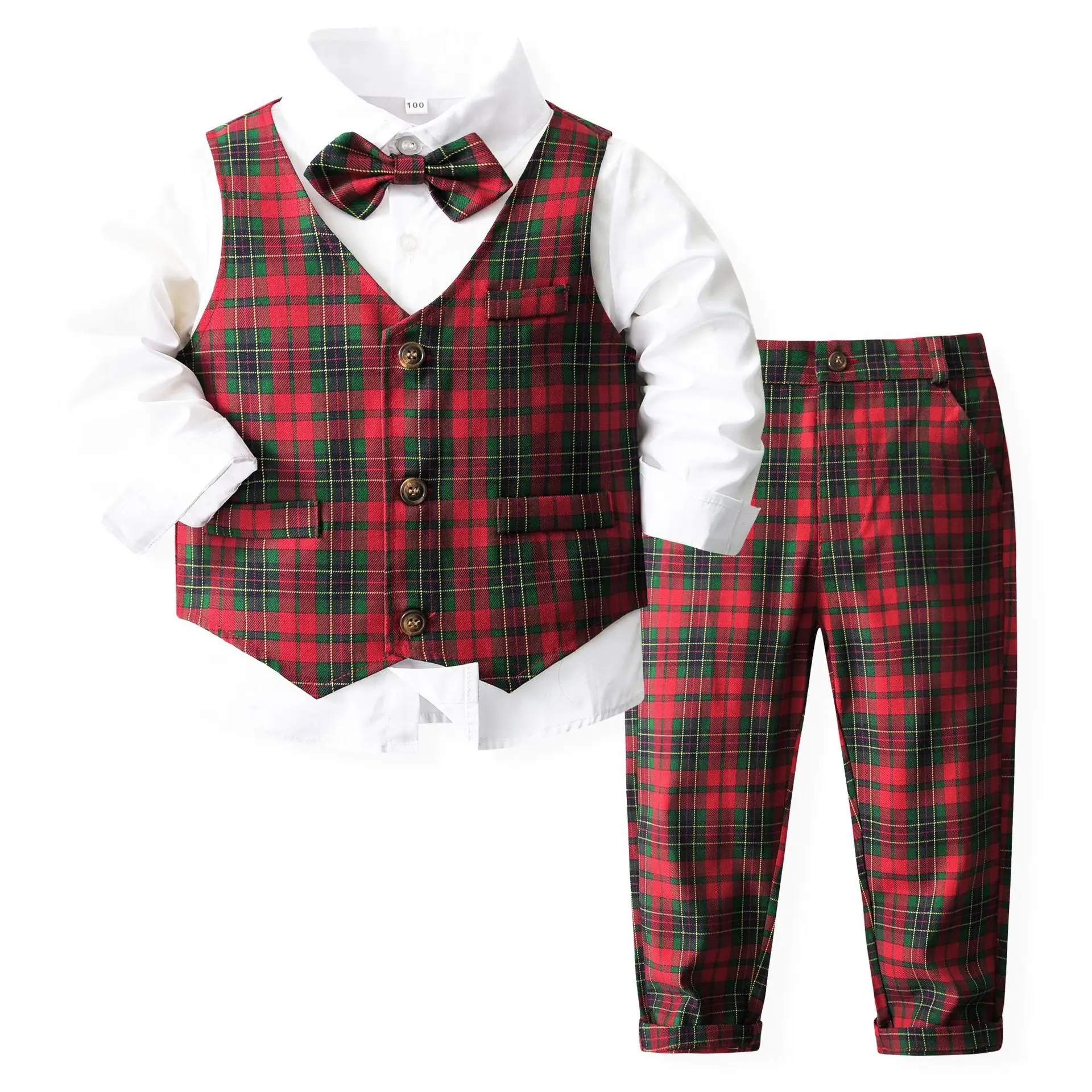 New Premium Fashion Kids Clothes Summer Wedding Formal Party Plaid Shirt Three-Piece Suit For Boys