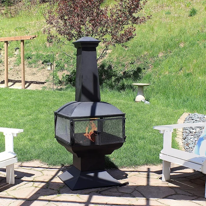360-Degree Fire View 57-Inch Black Steel Chiminea With Log Grate Cover Poker Protective Mesh Screen