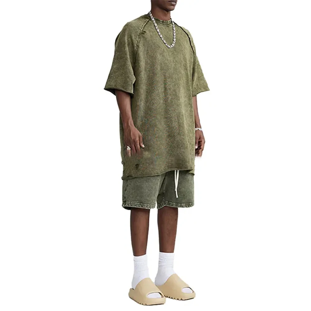 heavyweight raw edge acid washed t shirts 2 piece sweat short set  oversize 100% cotton custom logo t shirt for men