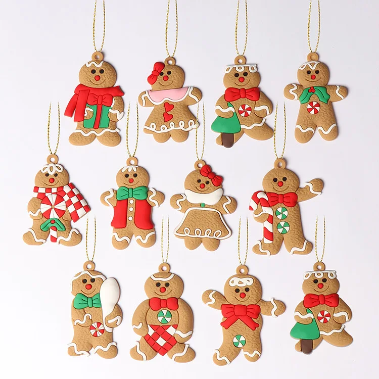 12pcs Gingerbread Man Christmas Tree Ornaments Xmas Soft PVC Living Room Decorating Tools Festival Holiday Home Decoration