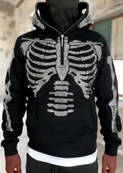 Custom OEM Y2K Hoodie Sweatshirts For Men Loose Skull Hot Drill Printing Long-sleeved Hooded Sweatshirt Pullover Jacket Male