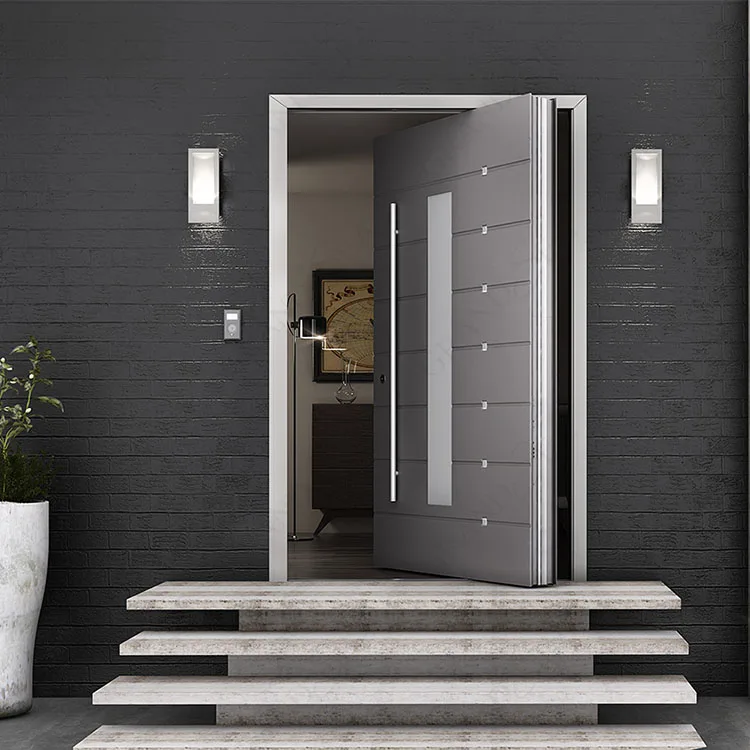 Factory Customize Villa Luxury Outdoor Entry Door Entrance Stainless Steel Modern Exterior Pivot Front Doors With Led Light