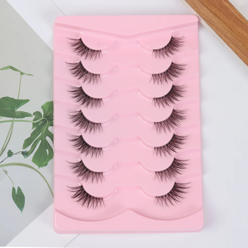 Europe 7 Pairs Half Lashes Cat Eye Clear Band Eye Tail Pull Long Natural Cross Half Eye False Eyelashes