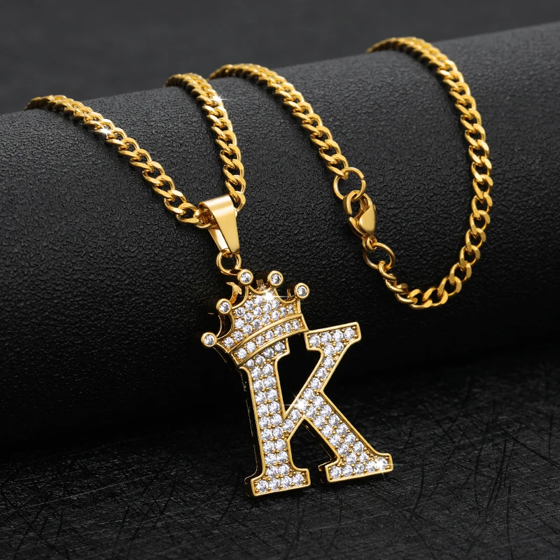 Crystal Zircon Alphabet Pendant Necklaces Crown Initial Letter Necklace Goth Chain Vintage Jewelry Stainless Steel For Women Men