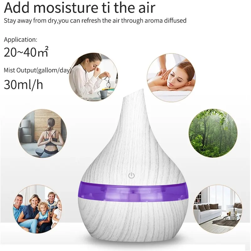 Персональный ультразвуковой увлажнитель воздуха холодного тумана с белой текстурой древесины USB 300 мл очиститель воздуха