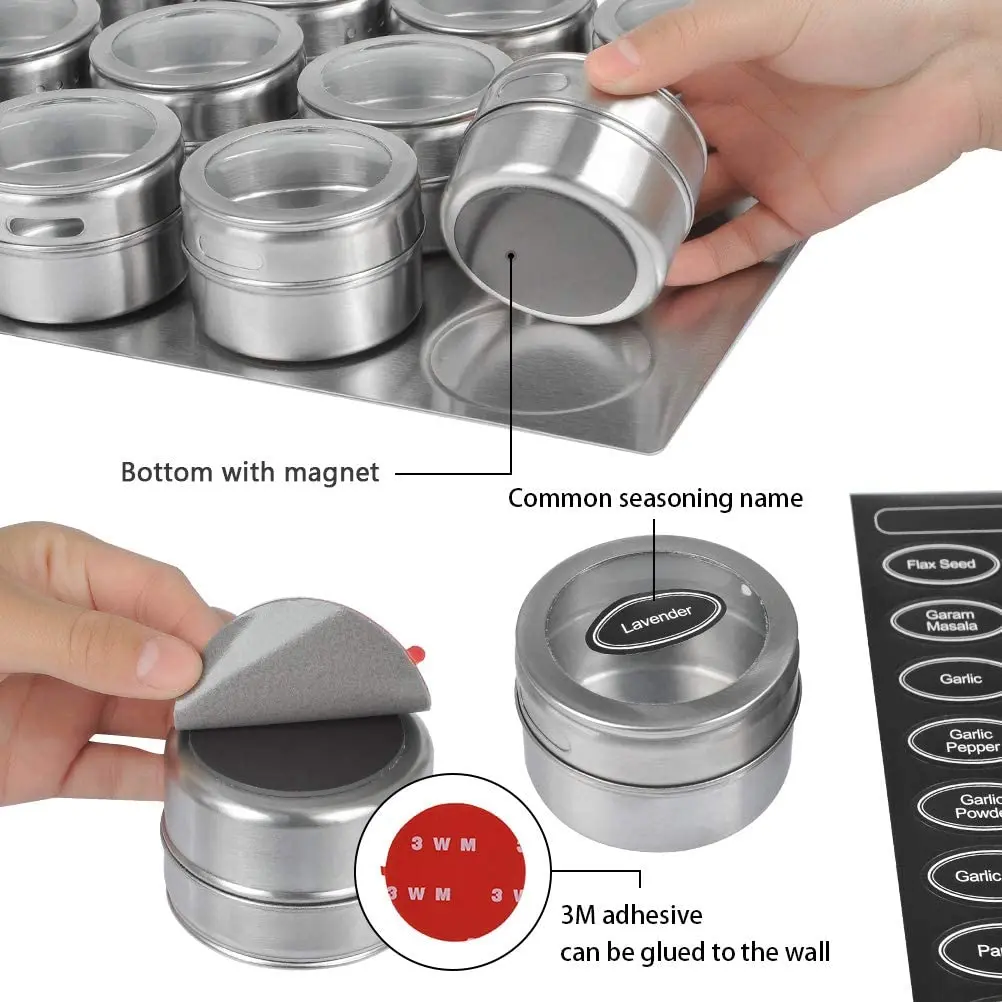 Magnetic Spice Jars With Wall Mounted Rack Stainless Steel Spice Tins Spice Seasoning Containers