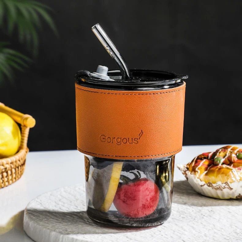 Custom Leak-Proof Reusable Glass Bamboo Joint Cup Leather Case With Lid Straw For Water Tea Milk Coffee Mugs