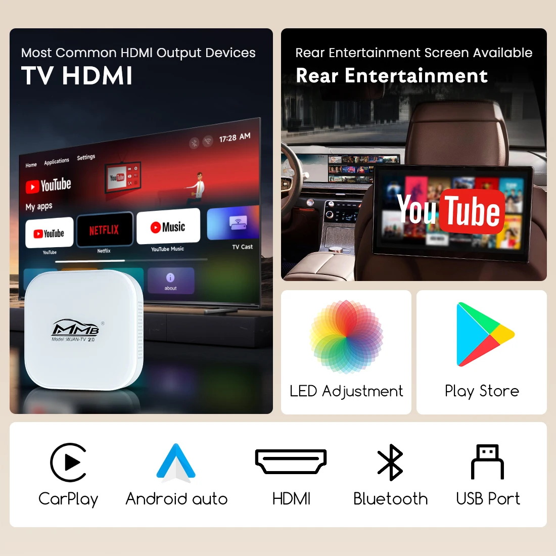 MMB Portable Wireless Carplay TV BOX HD 1080p Wifi Youtube Android 12 Auto Smart Android TV Magic Box Carplay Adapter Universal