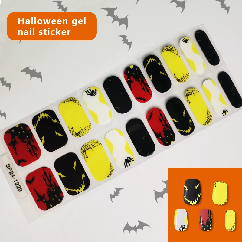 New halloween Ghost Demon pattern Semi Cured gel nail Wraps sticker Long Lasting New Arrival Styles Nail Gel Strips With Uv Lamp