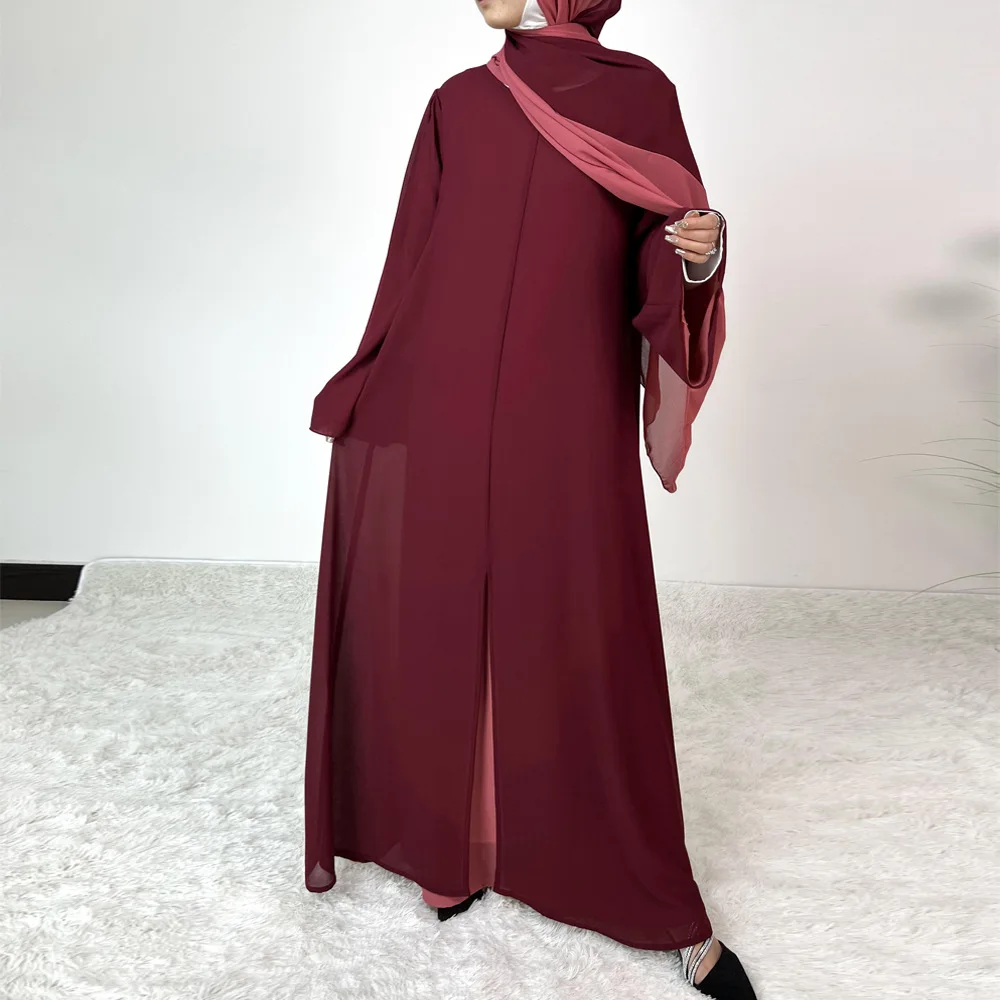 Yibaoli Manufacturer Top Quality Arabic Women New Model Chiffon Two-color Abaya in Dubai With Matching Hijab Modest Muslim Dress