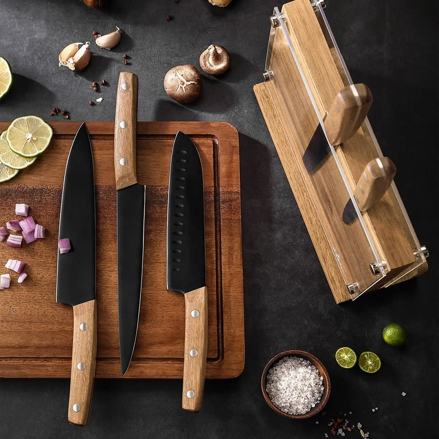 High quality black coated blade 3 rivets wooden handle knife set kitchen with block