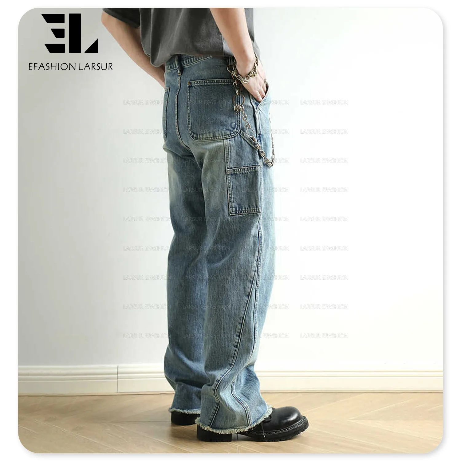LARSUR Custom denim manufacturer wash selvedge denim flare carpenter jeans patchwork raw edges japanese style salvage denim pant