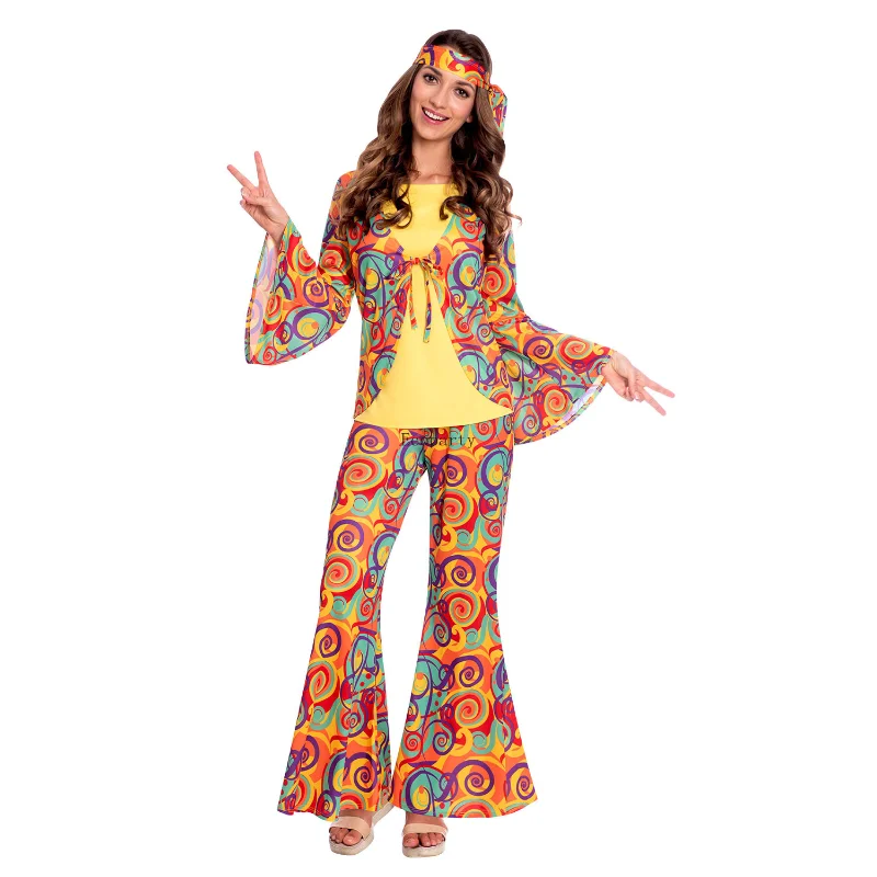 2024 Hot Hippie Costume Ladies Hippy 60s 70s Flared Trousers Flares Fancy Dress