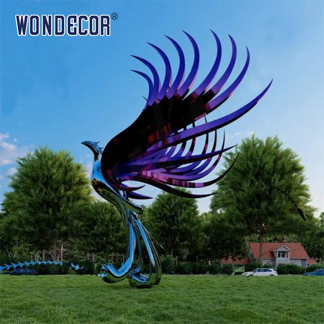 WONDECOR Modern large outdoor forged metal stainless steel phoenix sculpture