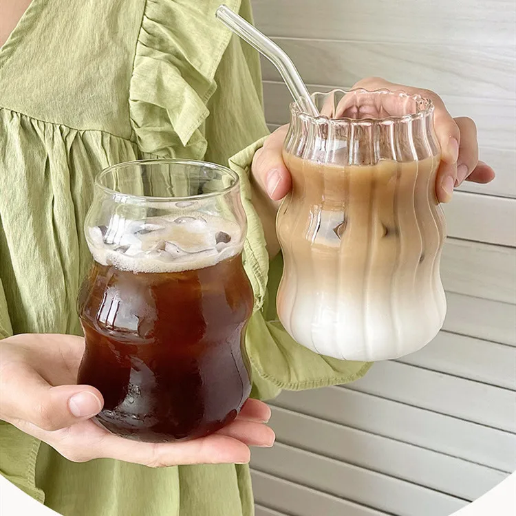 New Product Wave Shape Ribbed Drinking Glasses 17oz Glass Coffee Tea Mug With Bamboo Lid And Glass Straw
