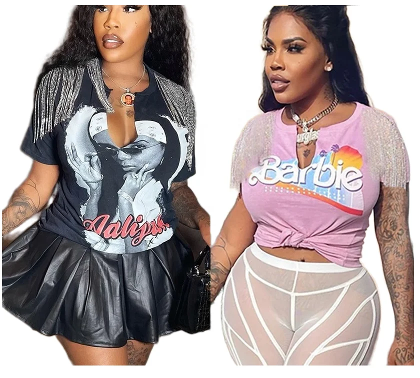 Fashion Women Y2k Clothing 2022 Summer Vintage Printed Hip Hop Street Casual Tassel Short Sleeve Graphic T Shirt