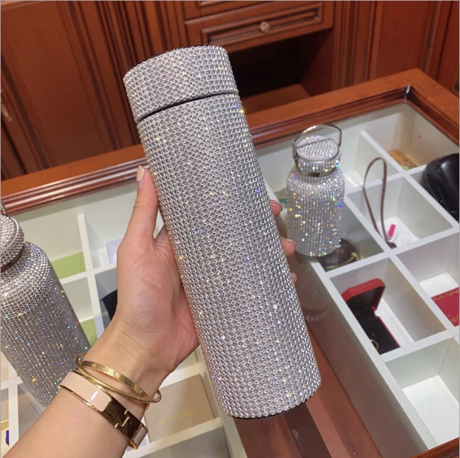 
2021 Hot Sales Luxury Shining LED Temperature Display Smart bling Rhinestone Diamond rhinestone Water Bottle For Gift 