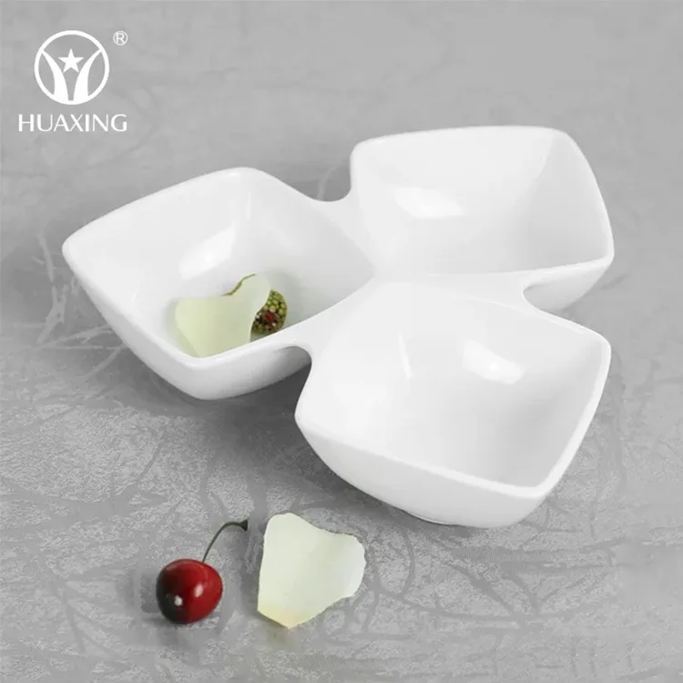 Simple Design 3 Compartment Tapas Ceramic Dessert Serving Bowls Ceramic Plate Porcelain Serving Dishes Catering