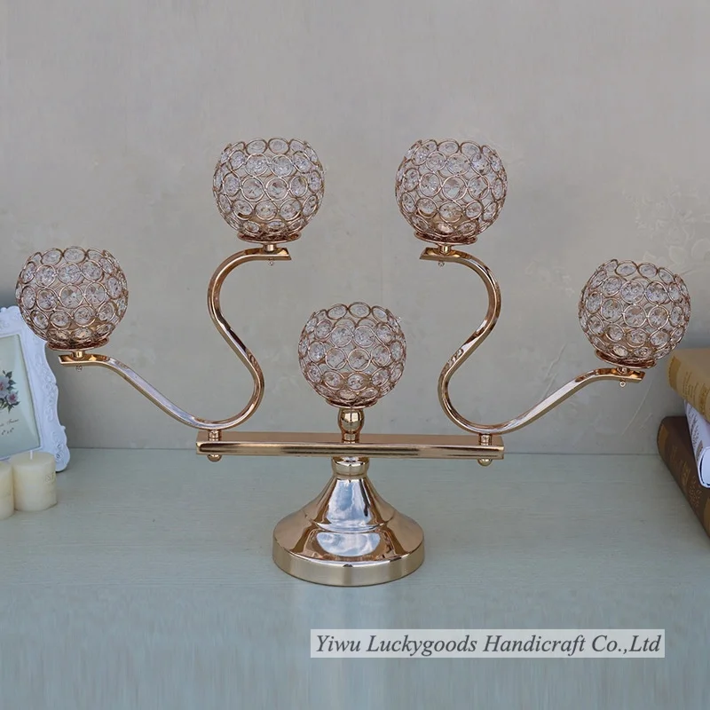 LK20191107-41 hot sale 5 arms Crystal candlestick candle holder metal for wedding decoration