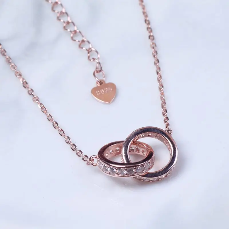 
Vintage Plated Golden Double Ring 925 Silver Clavicle Chain 