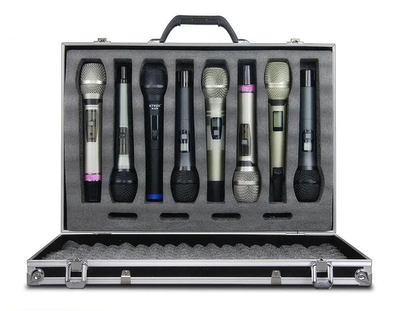 Customizable handheld aluminum alloy microphone box with large capacity to accommodate and protect 2-8 microphones