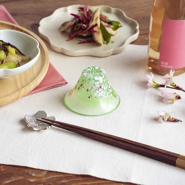 TOYO SASAKI GLASS Mt. Fuji glass green mountains and cherry blossoms. 37030