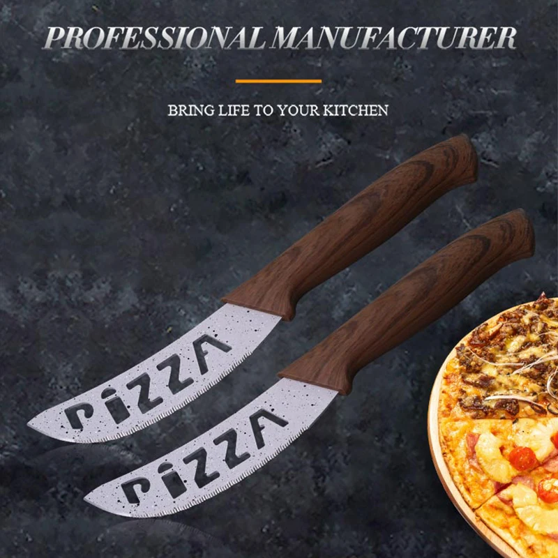 
6PCS Wood Handle Pizza Cheese Knife Set with PIZZA word on the blade 