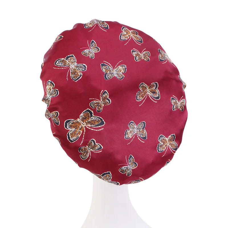 Fashion Butterfly Pattern Hats With Wide Band Custom Logo Beauty Woman Sleep Caps Satin Hair Bonnets