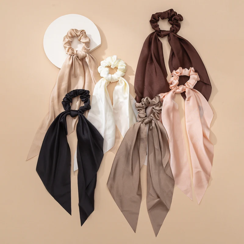 Wholesale High Quality Hair Tie Sweet Big Bow Solid Color Satin Scrunchies Long 36cm For Girls