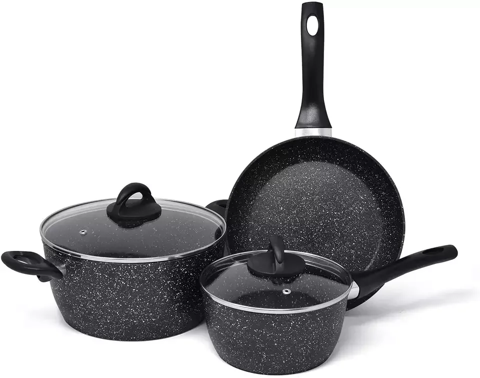 5 PCS Non Stick Pots and Pans Marble Frying Pan Casseroles Forged Aluminum Cookware Set