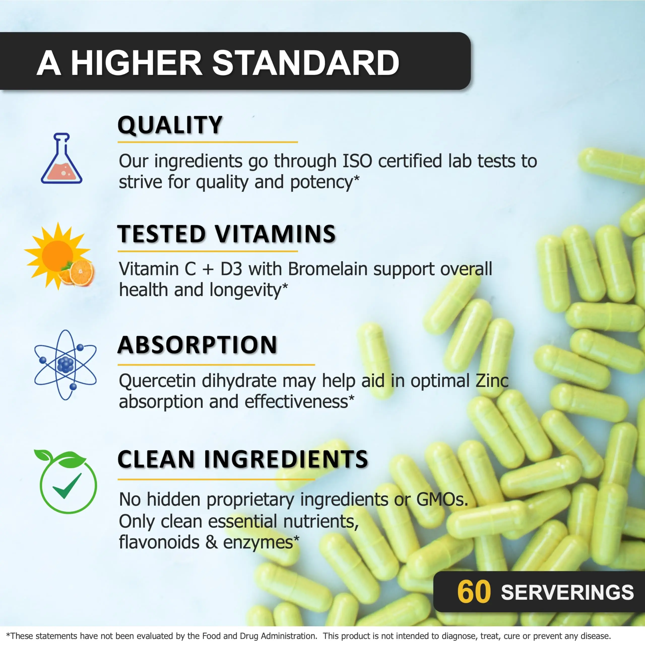 OEM Zinc Quercetin 500mg with Vitamin C Vitamin D3 Bromelain Immune Support High Potency Zinc Quercetin Capsules