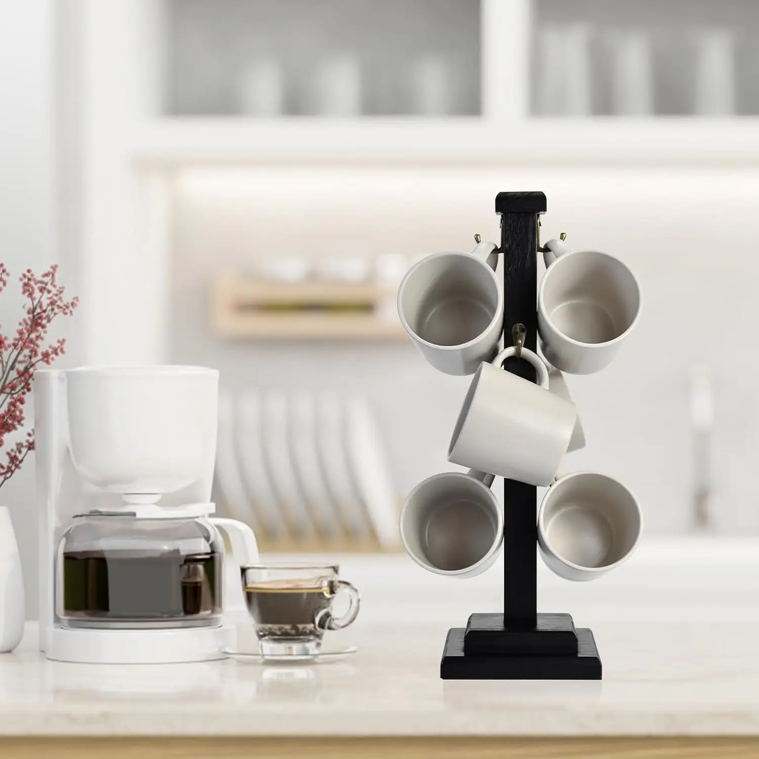 Rustic coffee cup Tree Stand 6 cups solid wood stand Space saving kitchen organizer Stylish and sturdy cup display stand