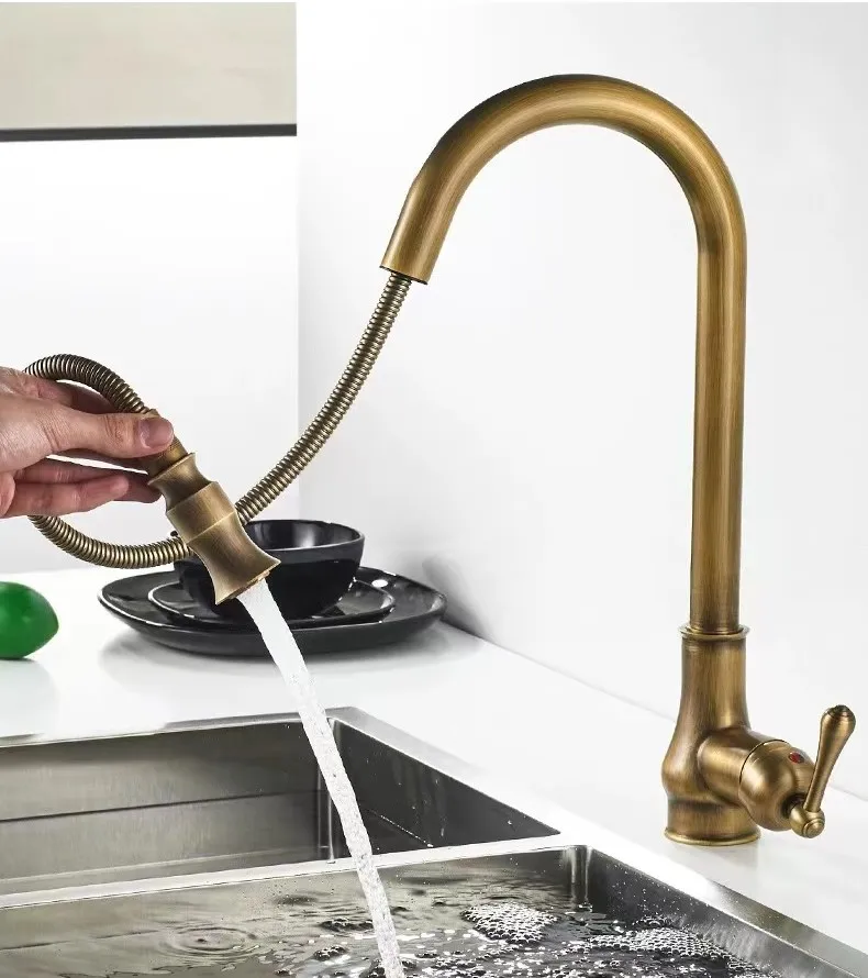 Modern Single Handle Flexible Pull Down Sprayer Copper Antique Brass Kitchen Sink Faucet