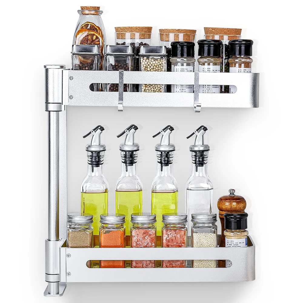 Wall mounted 2 layers kitchen multi-functional corner shelf revolving organizer for storage space aluminum