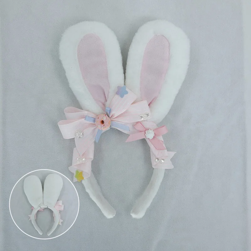 Sweet Plush Bunny Ear Hairband Bow Lace Easter Animal Cosplay Lolita Big Rabbit Bunny Ear Headband Party Favors Cosplay Costume