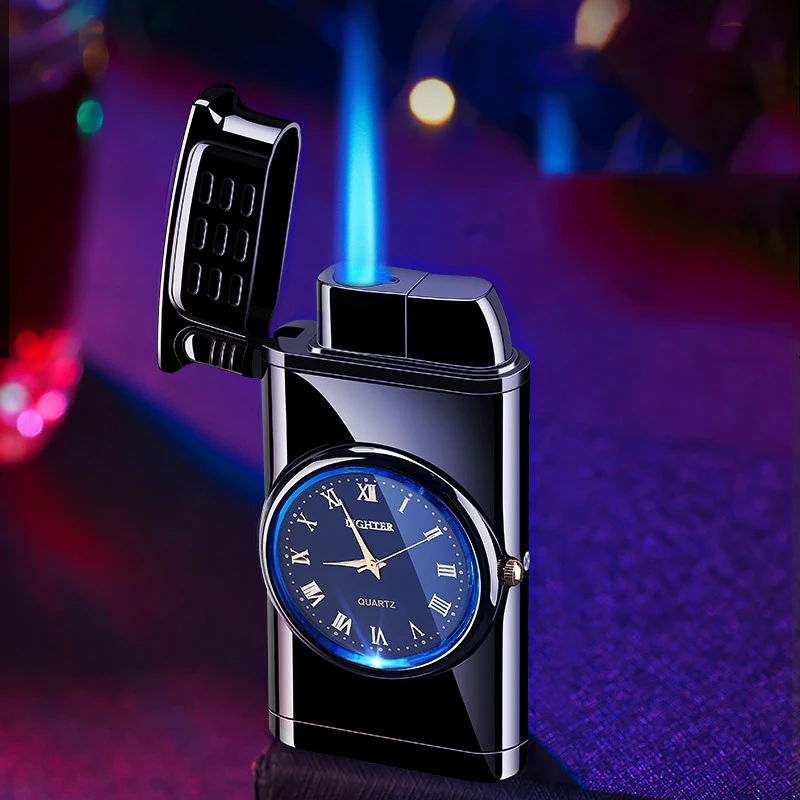 Fashion Design Blue Flame Lighter with Lighting Function Quartz Watch Dial Portable Commercial Cigarette Lighter for Gift